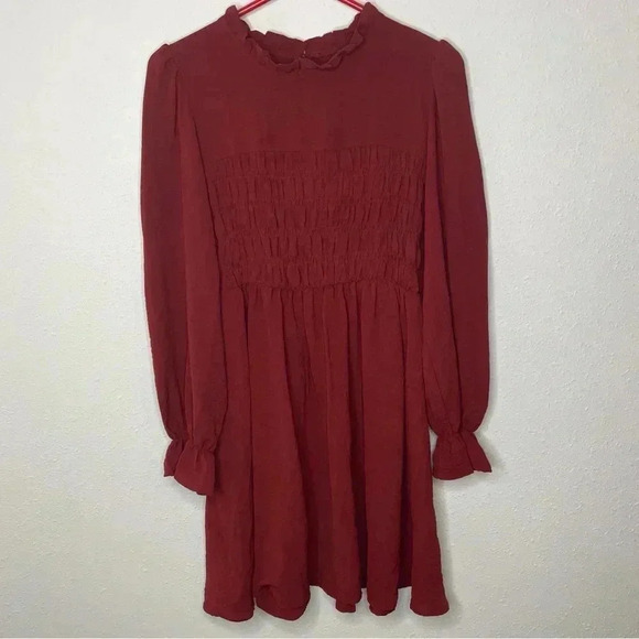 Shein Women Red Long Sleeve Smocked A-line Midi Dress Size M Ruffle Trim Holiday - Picture 1 of 8